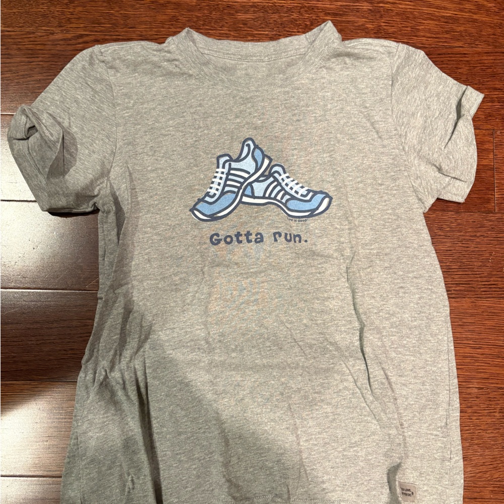 Life Is Good Gray Short Sleeve Tee with Blue Sneaker Graphic
